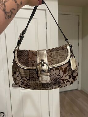 Coach Patchwork Soho Signature C Canvas in Brown Tan with Metallic Leather Trim
